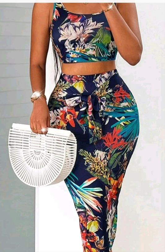 2 piece flower skirt set crop top