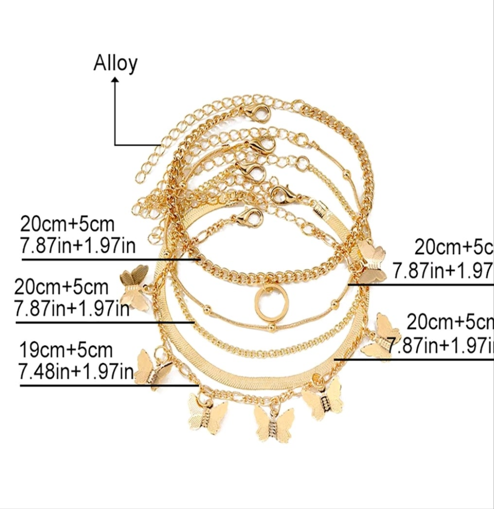 Butterfly charm bracelet five piece set can be worn on ankle as well.