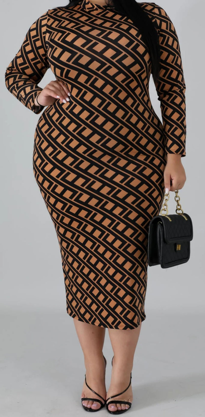 3XL Sexy meander pattern stretchy curvy long sleeve dress