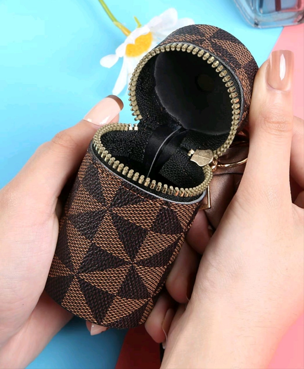 Brown leather lipstick lips gloss keychain