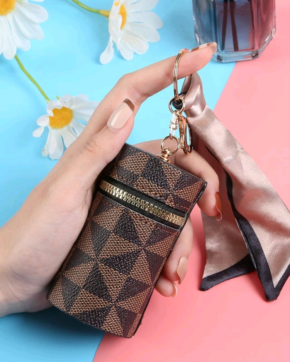 Brown leather lipstick lips gloss keychain