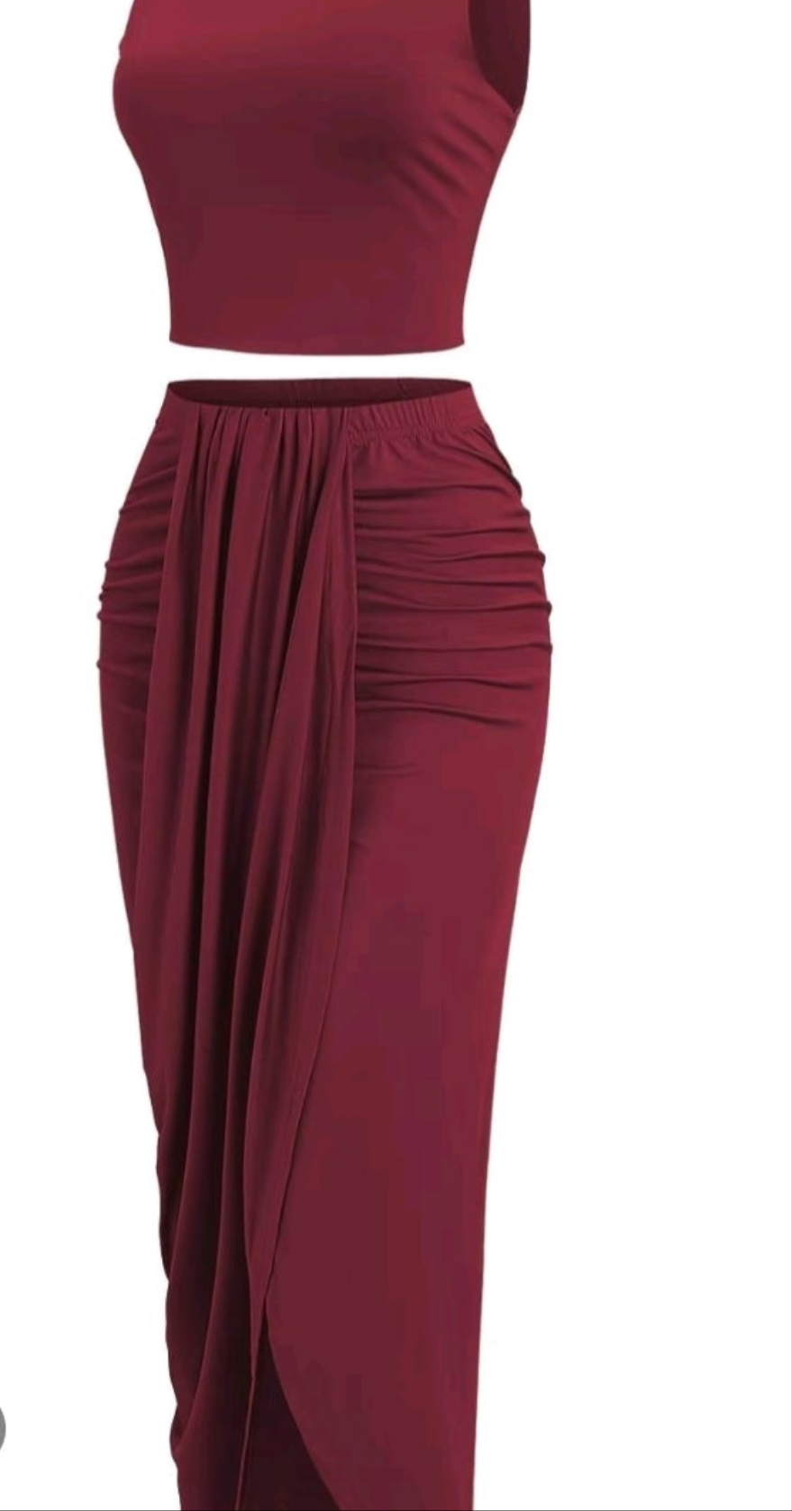 Large Burgundy 2pcs crop tank top skirt set with split