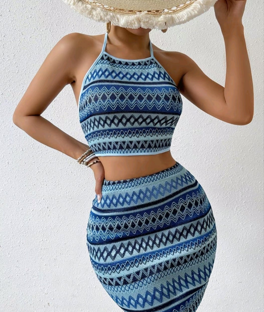 2 piece boho inspired crop top skirt, set stretchy