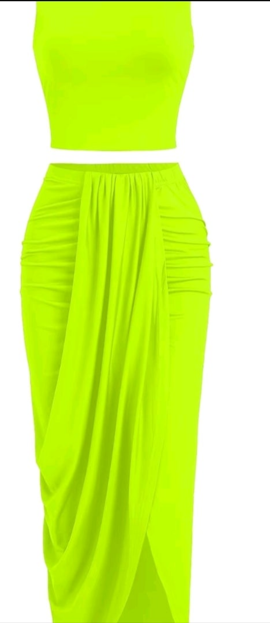 XL Lime green 2pcs crop tank top skirt set rouch with split