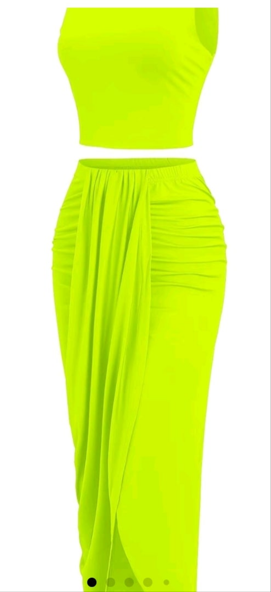 Large Lime green crop top 2pcs skirt set with split