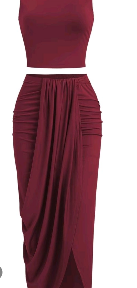Large Burgundy 2pcs crop tank top skirt set with split