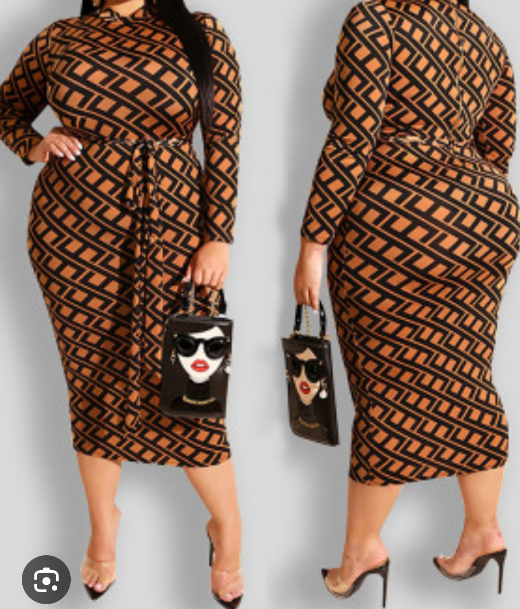 3XL Sexy meander pattern stretchy curvy long sleeve dress